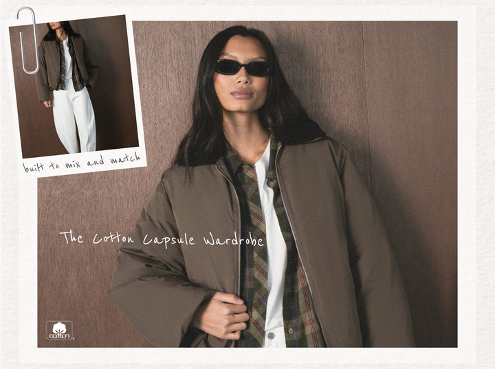 Woman wearing a brown coat with text about a 'Cotton Capsule Wardrobe' on a brown background.