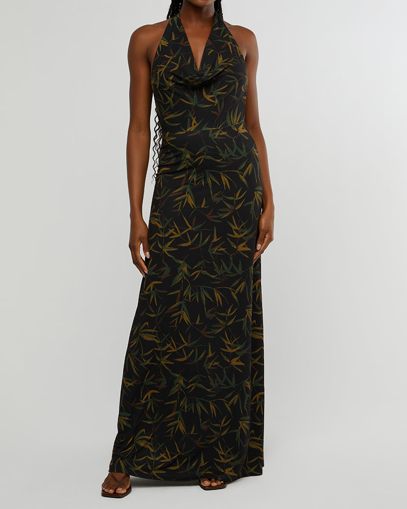 Cowl Halter Vintage Leaves Maxi Dress