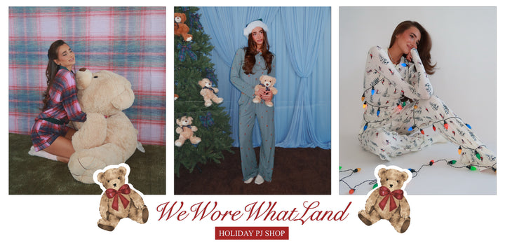 Three images of Danielle Bernstein with teddy bears and Christmas decorations, featuring 'WeWoreWhatLand' brand.